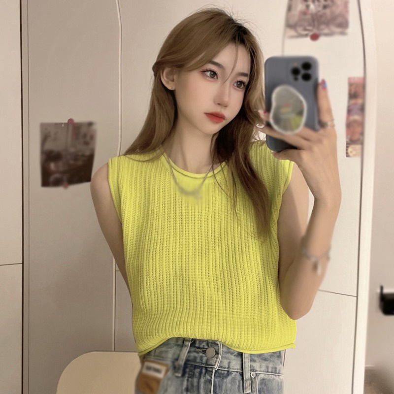 Áo dệt kim không tay màu trơn dáng ôm thời trang mùa thu cho nữ