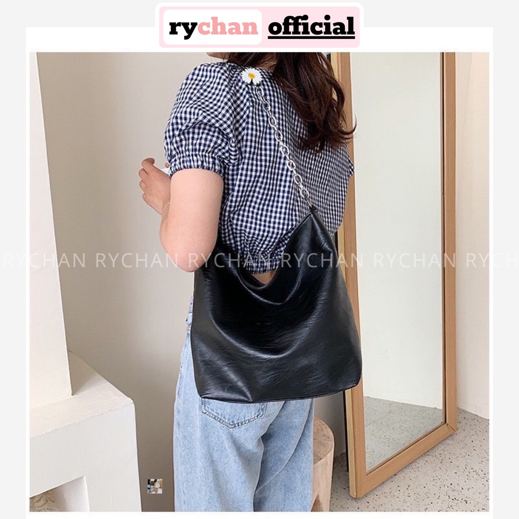 Túi Tote Trơn Đeo Vai Đeo Chéo Phối Dây Xích Hoa Cúc Hai Màu - RY341