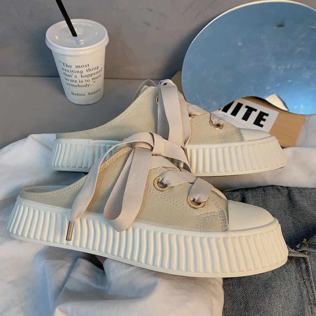 Giày canvas hở gót phối ruy băng thời trang mùa hè cho nữ | BigBuy360 - bigbuy360.vn