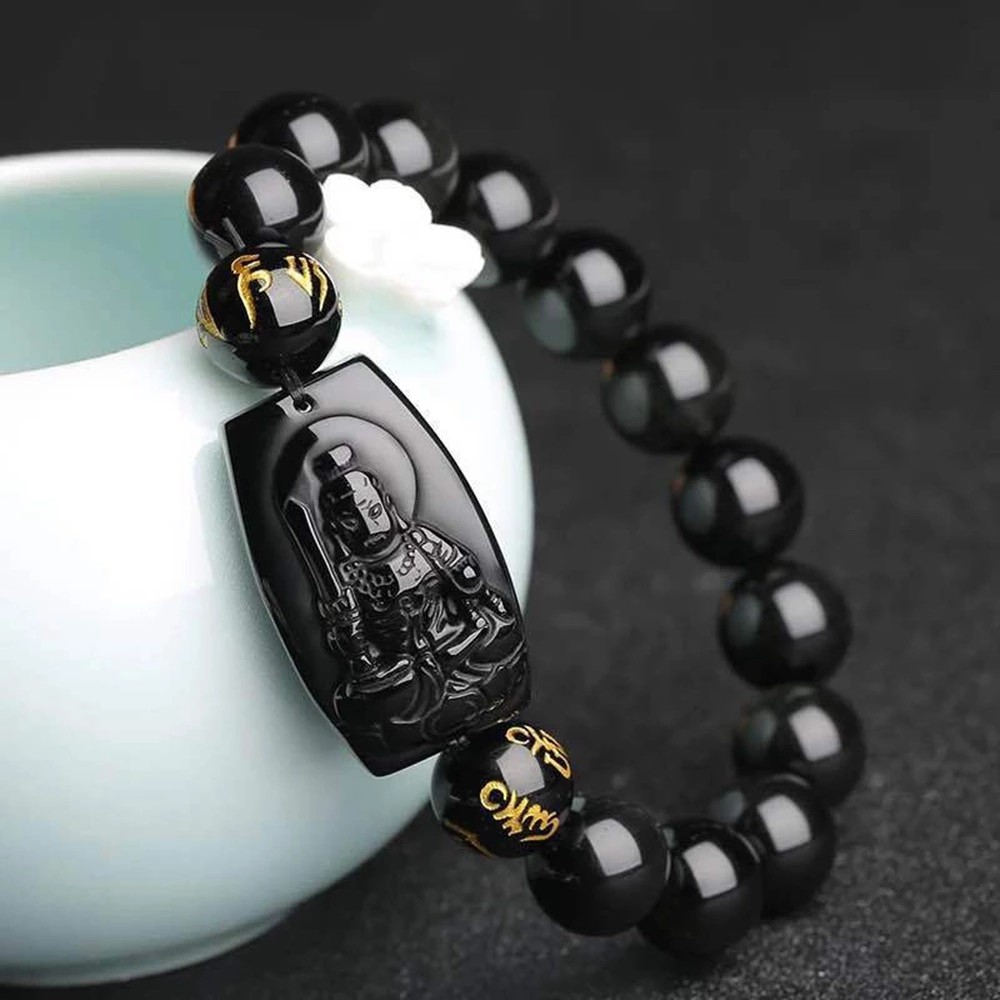 Vòng tay chuỗi hạt đá Obsidian khắc hình Phật