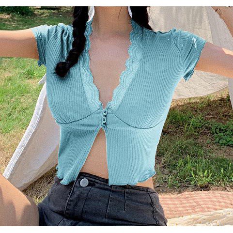 Áo Croptop Dệt Kim Tay Ngắn Cổ Chữ V Màu Sắc Đơn Giản Thời Trang Mùa Hè Cho Nữ
