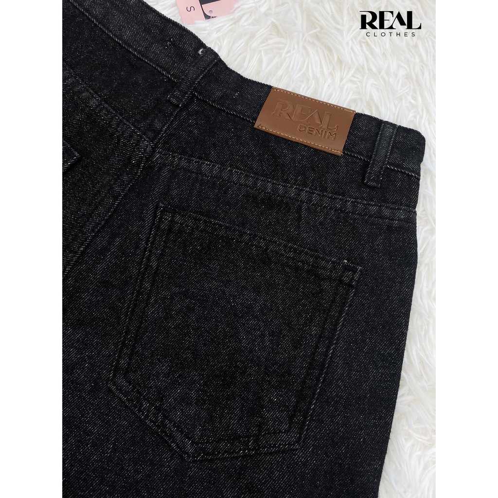 Quần jeans suông nữ đen, lưng cao, co giãn, có túi, tôn dáng_REAL