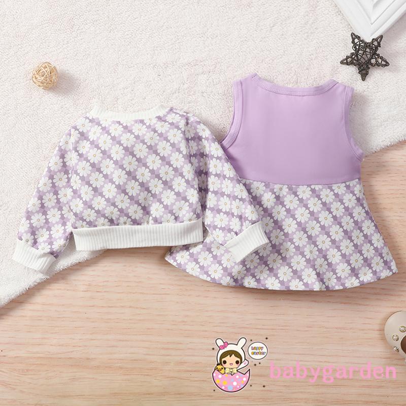 Set áo khoác hoa + đầm chữ A không tay cổ tròn eo cao + áo khoác cardigan màu tím/ hồng cho bé