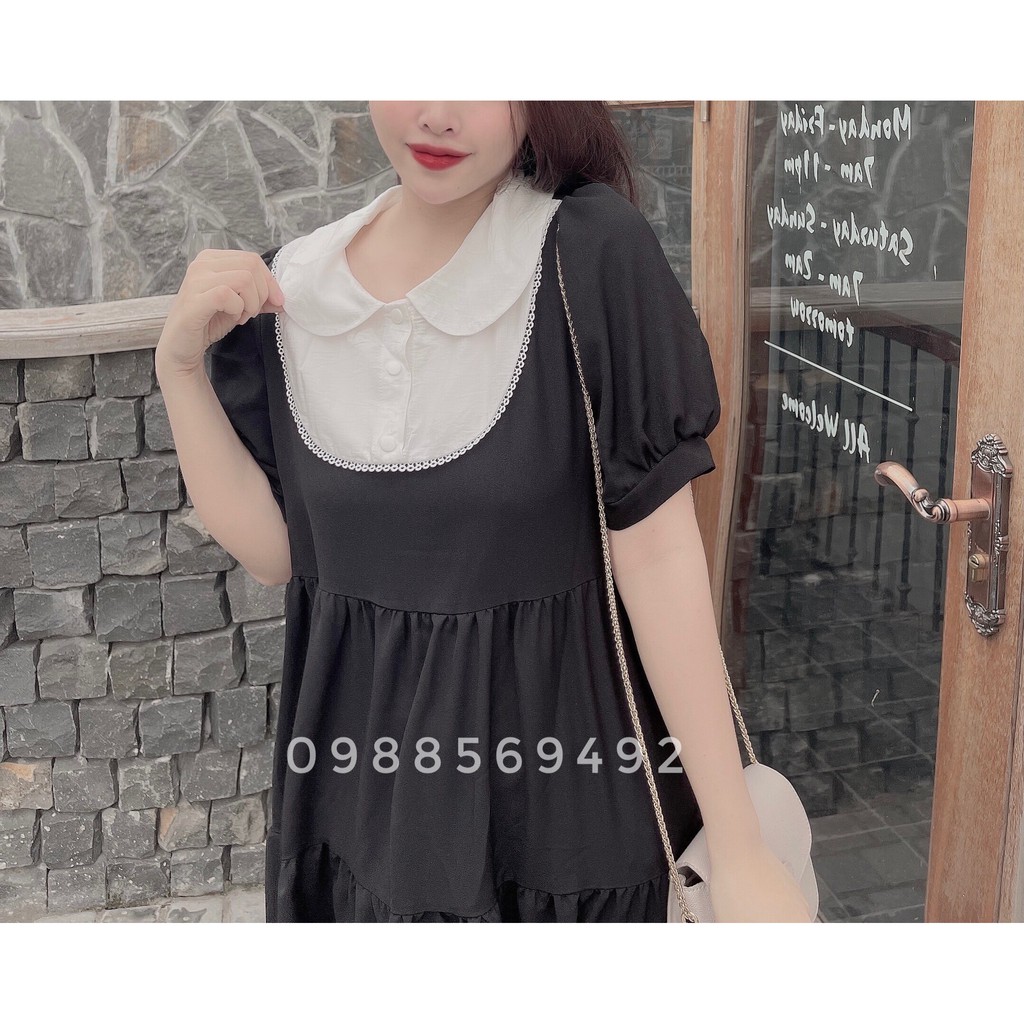 Váy bầu bigsize - Đầm bầu thiết kế GuMe màu Đen 3 Tầng Phối Cổ Sen trắng tay bo chất vải sạn lua size từ 40-100kg MB232