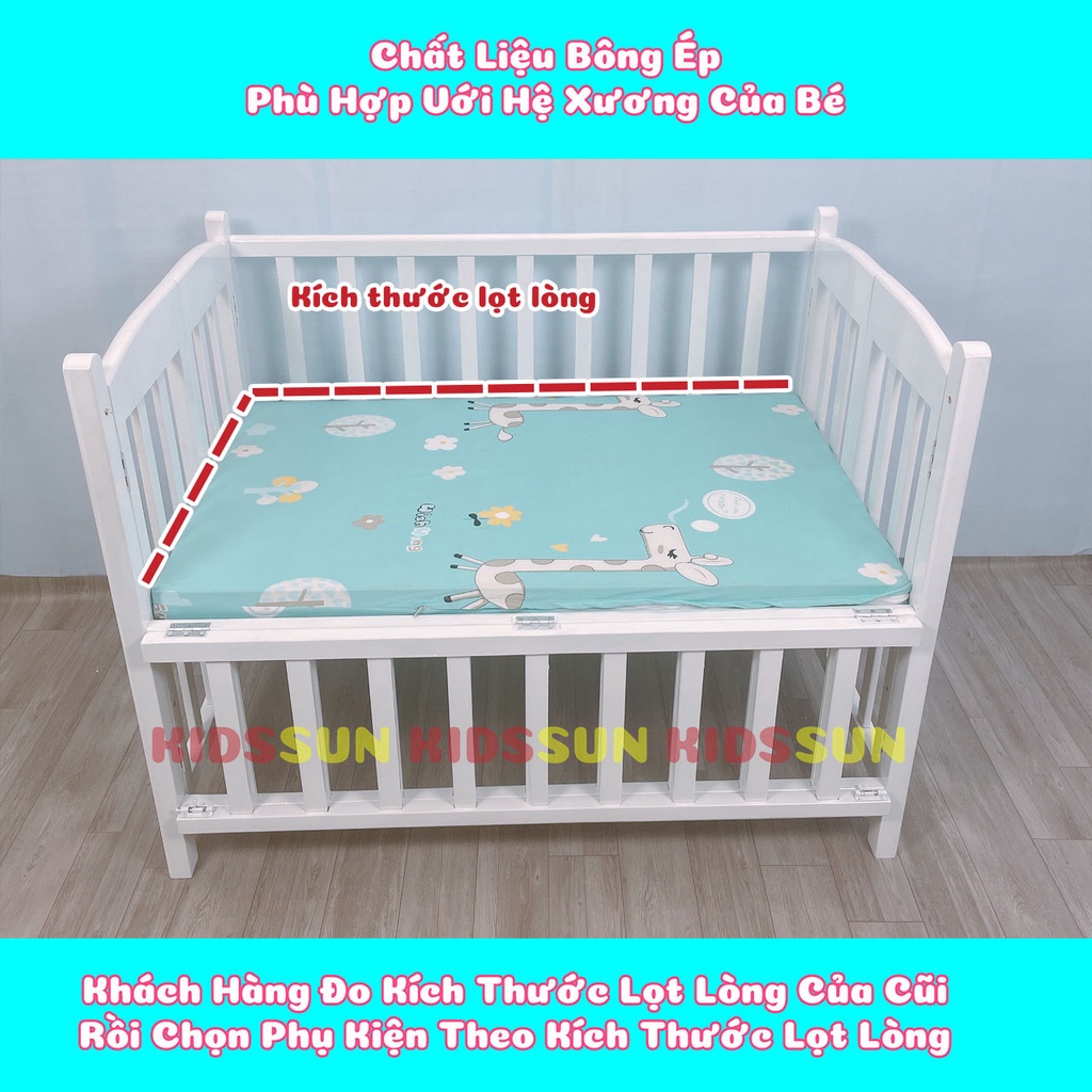 Bộ sản phẩm ga chun bọc đệm Cotton 100%, đệm bông ép dày 5cm và ga chống thấm Cho nôi cũi trẻ em