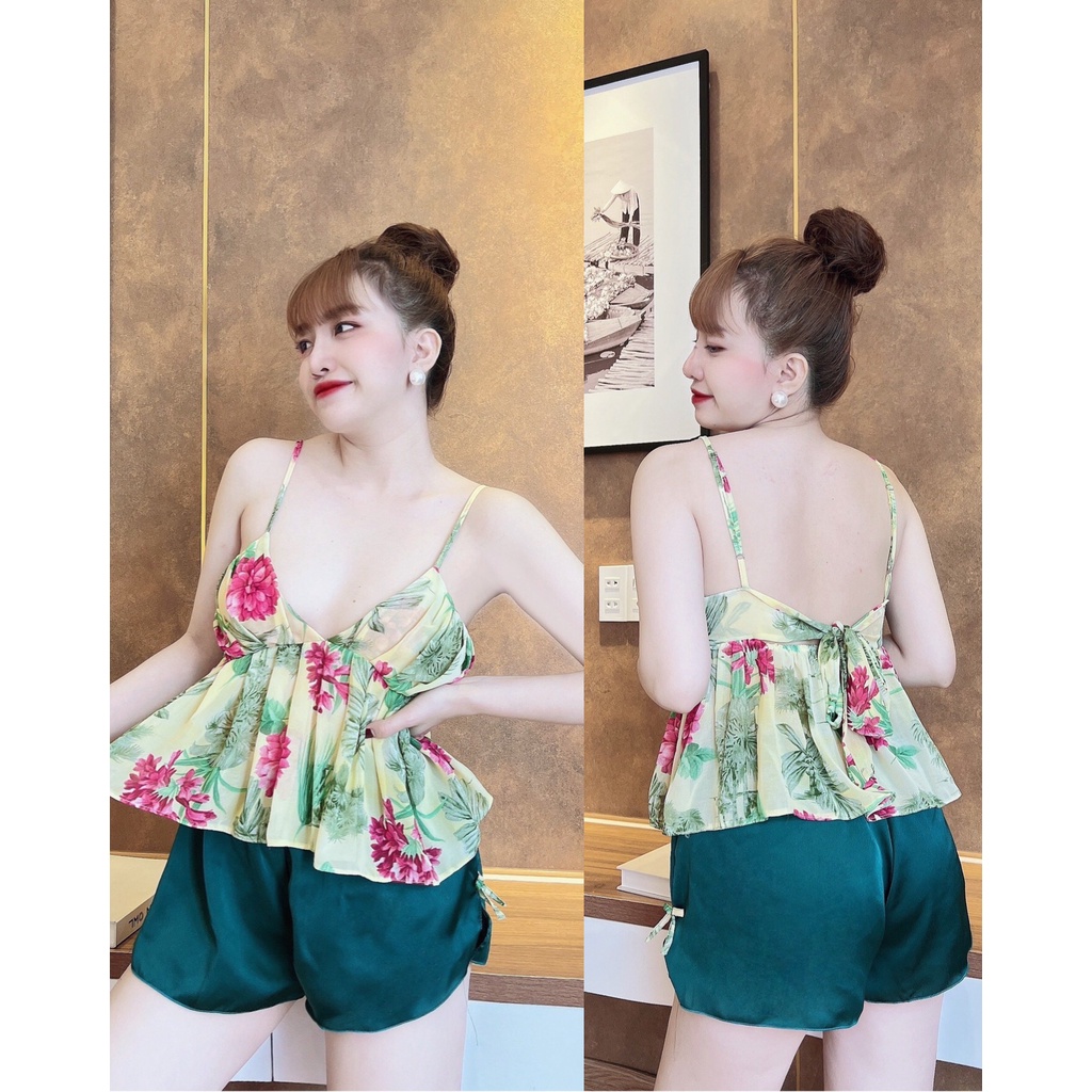 Váy Ngủ Nữ, Đồ Ngủ Sexy Nữ Bộ Satin Nhún Bèo Ngực Freesize Dưới 75kg