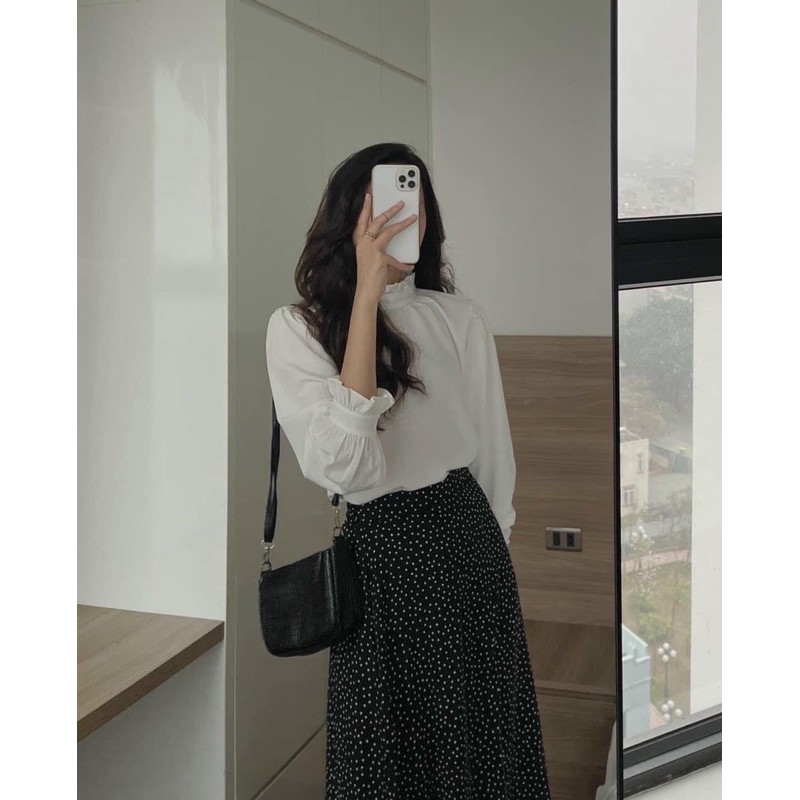 Set áo trắng cổ bèo mix chân váy bi dài (Có ảnh và video thật) | BigBuy360 - bigbuy360.vn