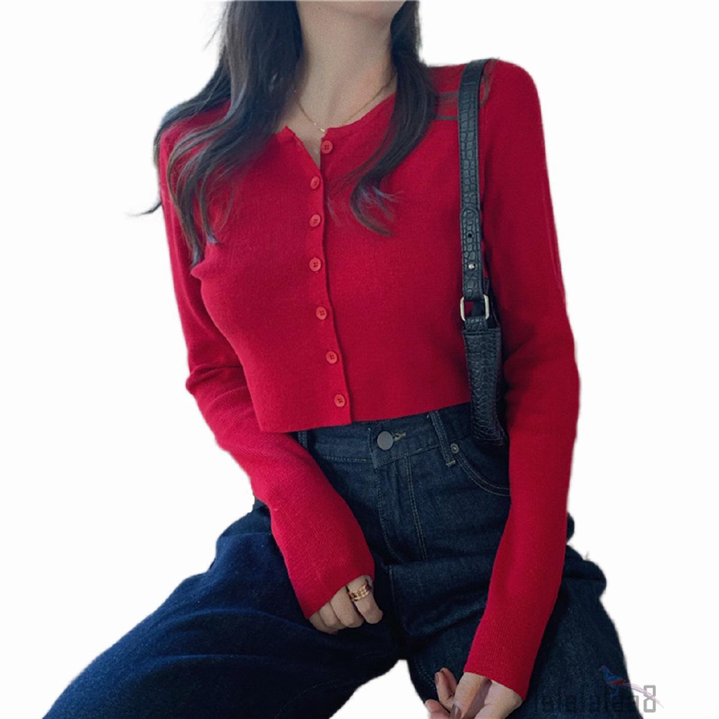 Áo crop top dệt kim tay dài thiết kế nút cài xinh xắn trẻ trung | BigBuy360 - bigbuy360.vn