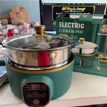 Nồi Cơm Đa Năng , Nồi Lẩu Điện Vân Đá Chống Dính ShanBan Electric 24cm Kèm Lồng Hấp.