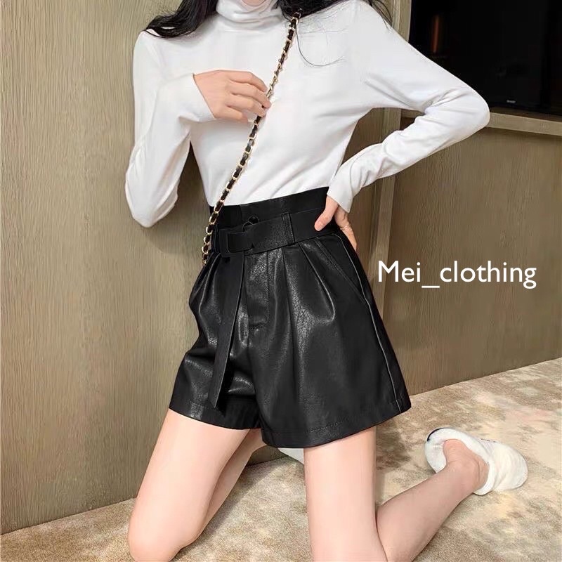 [Ảnh thật/hàng QC] Quần short da Quảng Châu kèm đai/ quần cúc bấm cạp cao