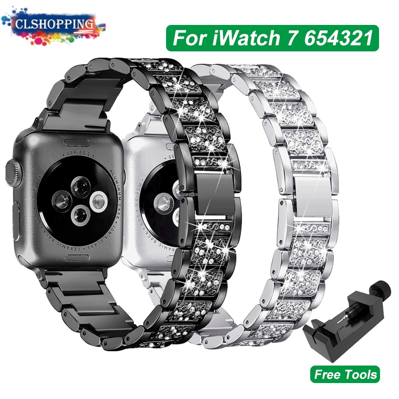 Dây Đeo Đồng Hồ Bằng Thép Không Gỉ Đính Kim Cương Giả Cho Apple Watch SE 6 5 4 Band 40Mm 44Mm Iwatch 38mm 42Mm