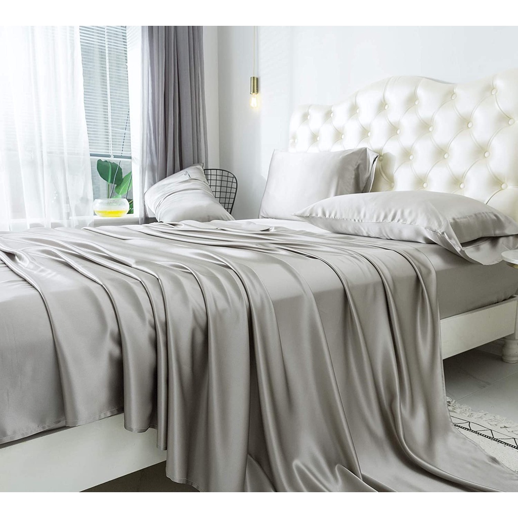 (Loại 1) Bộ Ga Gối Phi Lụa 4 Món Cao Cấp Lan Phạm Bedding Màu Bạc Kim