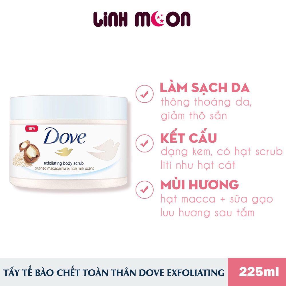 Tẩy tế bào chết Dove 225ml Macadamia, Lựu, Kiwi - giúp dưỡng da mịn màng tươi sáng