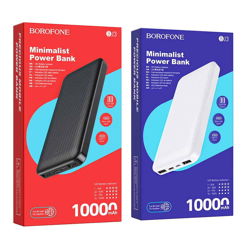 Pin Sạc Dự Phòng BJ3 Minimalist Borofone Dung Lượng 10000mAh - 2 Cổng USB 1 Cổng Type C Hàng Chính Hãng 1 Đổi 1