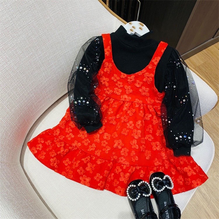 Váy hoa cho bé gái, sét 2 chi tiết gồm váy hoa ép nổi và áo zip phối tay ren sao từ 8kg-20kg