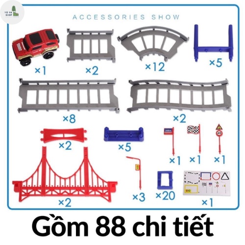 Bộ lắp ráp đường ray ô tô đồ chơi, gồm 88 chi tiết cho bé thảo sức sáng tạo.Lắp ghép đường ray xe địa hình