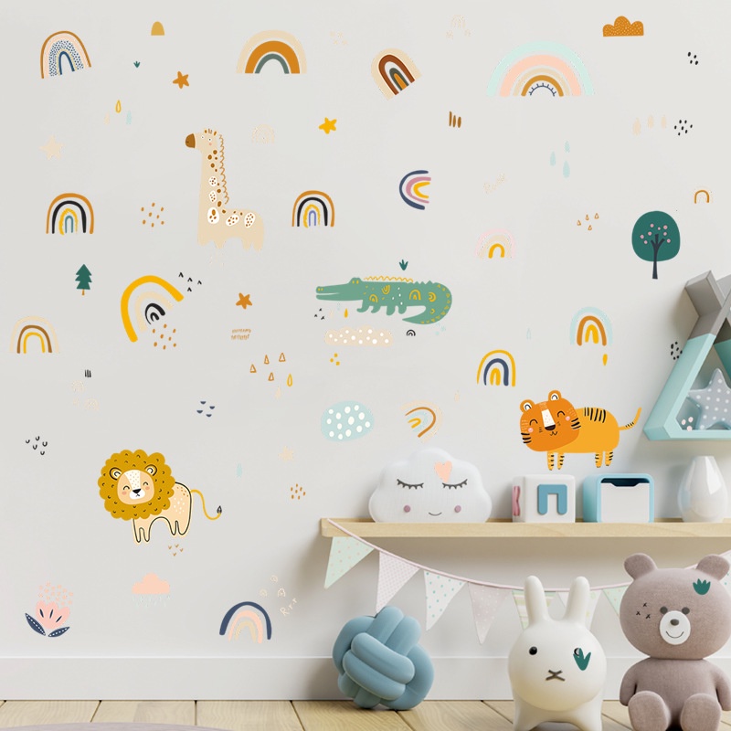 Sticker Dán Tường Họa Tiết Hoạt Hình Hình Sư Tử/Hổ/Cầu Vồng Trang Trí Phòng Cho Bé