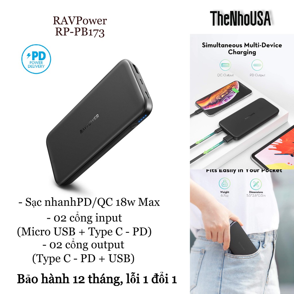 [Mã 2404EL10K giảm 10K đơn 20K] Sạc dự phòng RAVPower 10000mAh - 18w (PD3.0/QC3.0) - RP-PB173 - [BH 12T]