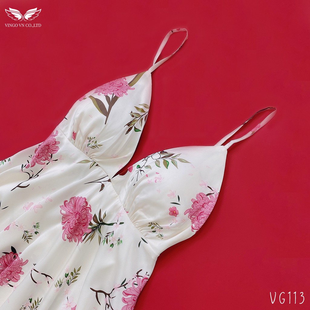 VINGO Váy Ngủ Lụa Pháp Mặc Nhà Nữ Hai Dây Có Mút Ngực Họa Tiết Hoa Cúc Cánh Dài Hồng Tím Nền Trắng Quyến Rũ VG113 VNGO | BigBuy360 - bigbuy360.vn
