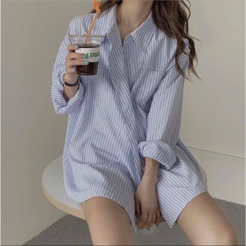 Áo sơ mi kiểu nữ form rộng tay dài giấu quần vạt chéo kẻ sọc đứng - Order taobao quảng châu