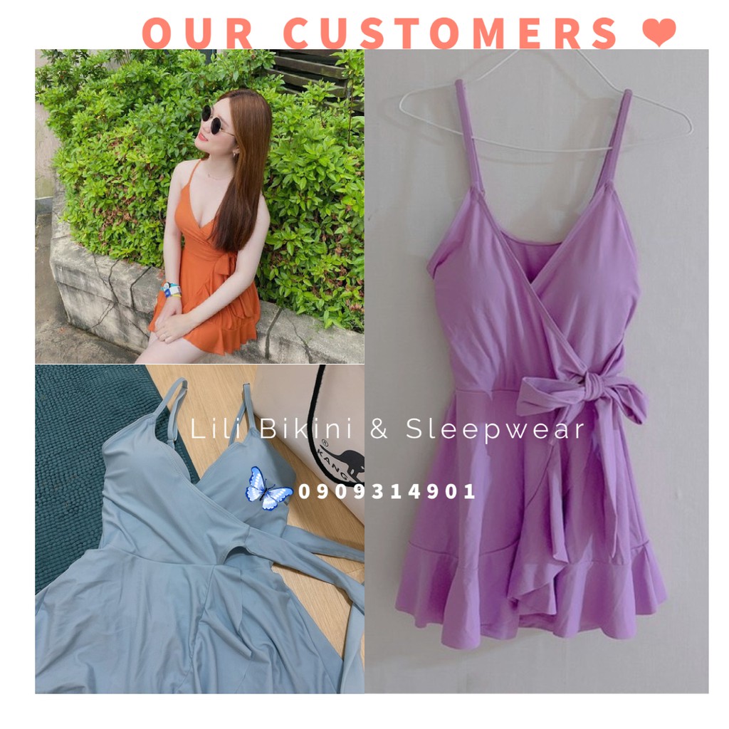 (Có sẵn, có big size, hình thật) Bikini váy Hàn Quốc màu hot cam, xanh tím, bèo nhún xinh xắn, đan dây sau lưng | BigBuy360 - bigbuy360.vn