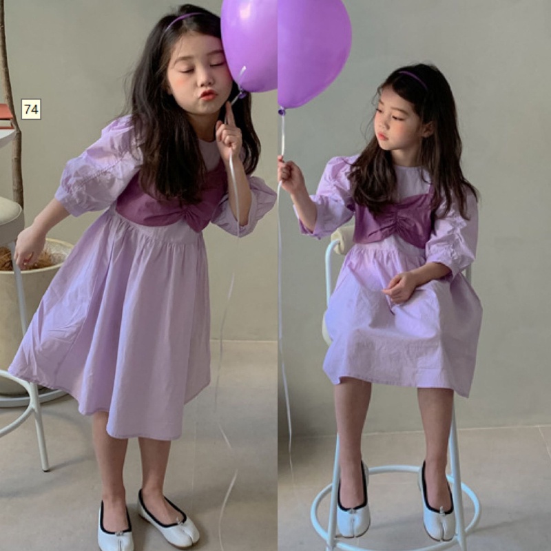 Đầm Công Chúa Giả Hai Mảnh Tay Ngắn Phồng Màu Tím Dễ Thương Thời Trang Mùa Hè Cho Bé Gái 3-8 Tuổi New Fashion