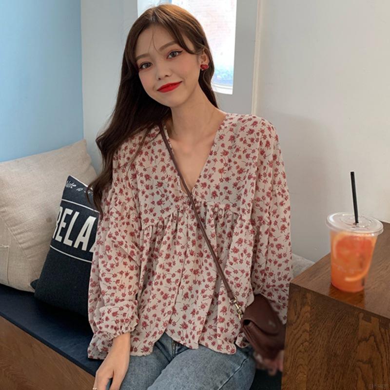 Áo Sơ Mi Chiffon Tay Dài Cổ Chữ V Dáng Rộng In Họa Tiết Hoa Đơn Giản Ngọt Ngào Kiểu Hàn Quốc