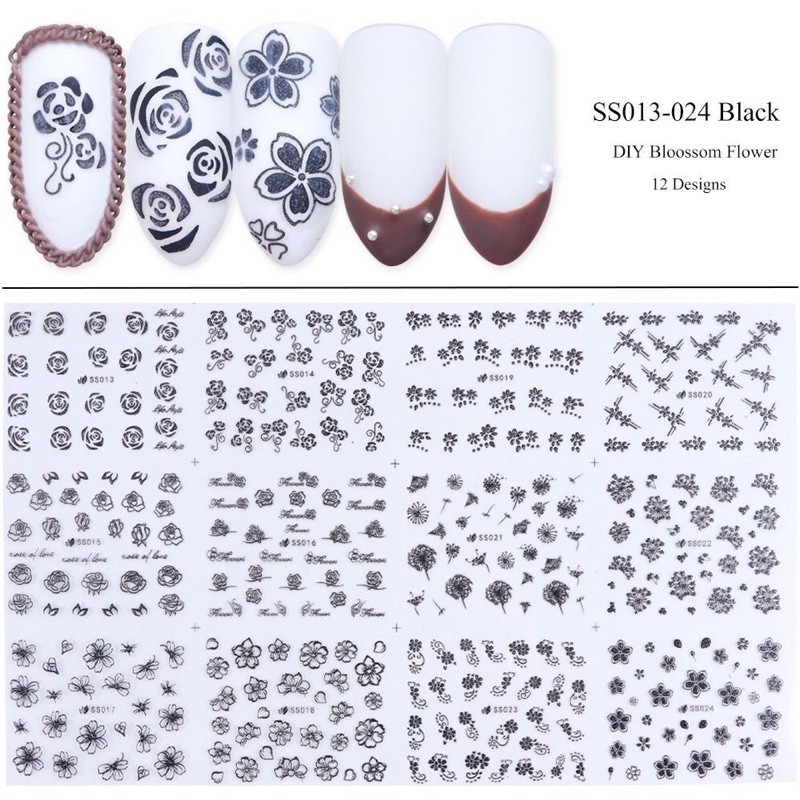 set sticker hoa trắng đen