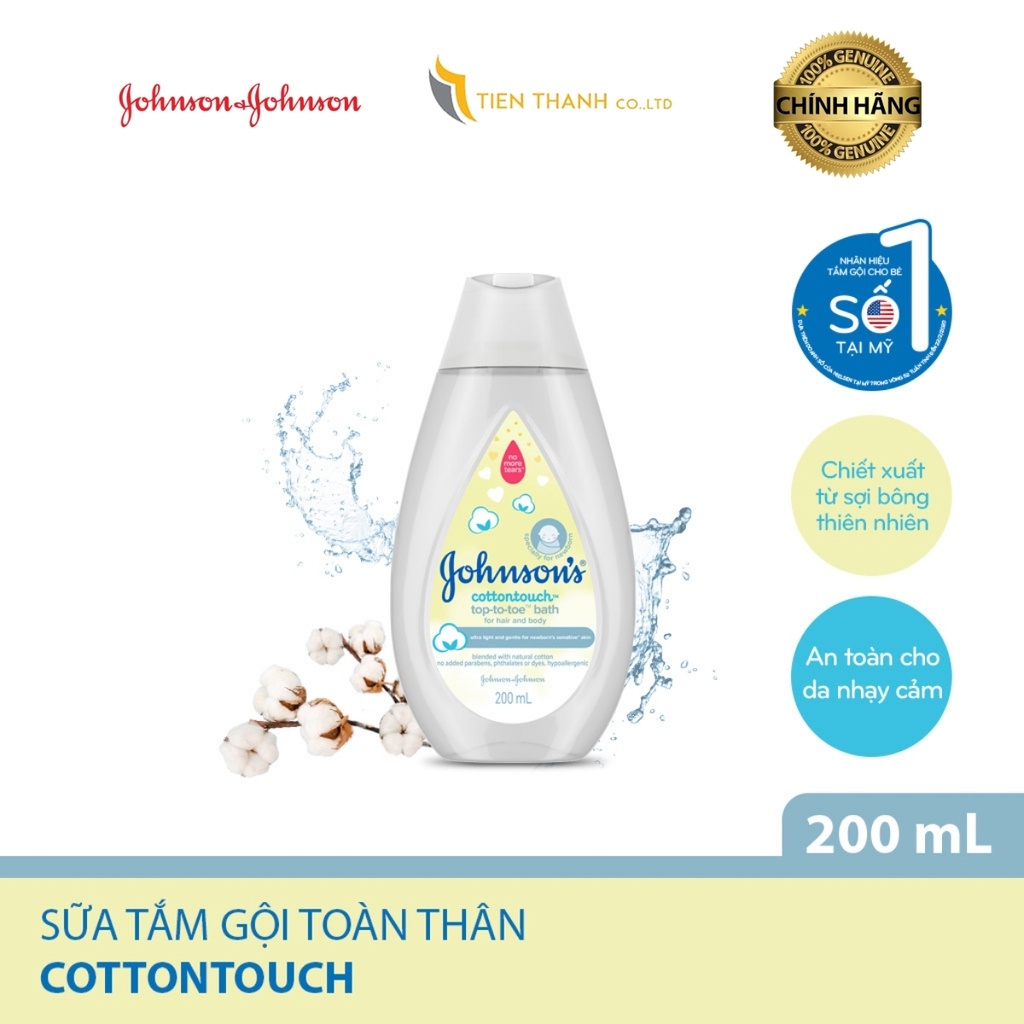 Johnson's Baby Top to toe Cotton Touch Sữa tắm gội toàn thân mềm mịn 200ml/500ml- Hàng chính hãng.