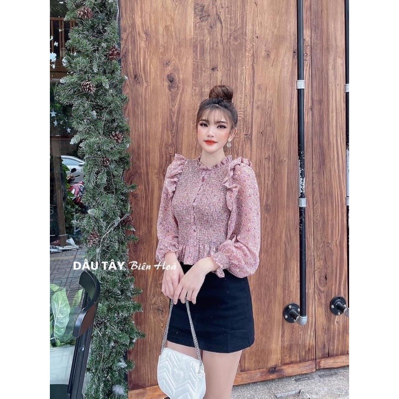 Áo hoa nhí chun ngực vai bèo