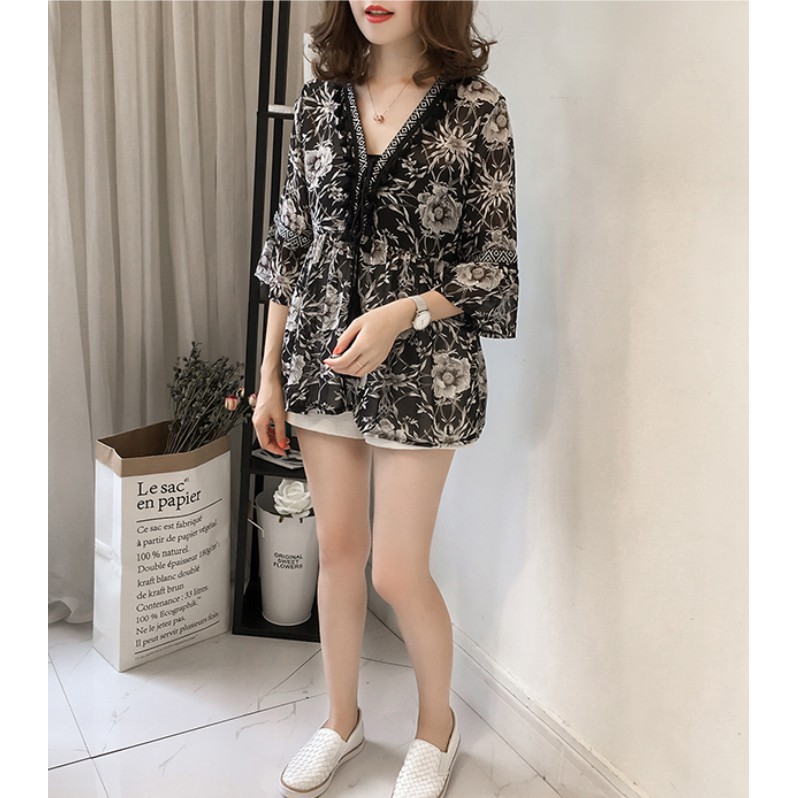 SUXI Áo sơ mi voan cổ V viền núm tua họa tiết hoa thanh lịch cho nữ