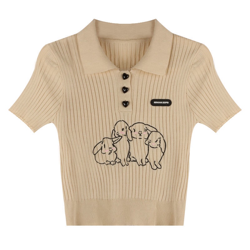 Áo polo Pure Cube dệt kim tay ngắn dáng ôm thêu hình thỏ thời trang mùa hè cho nữ