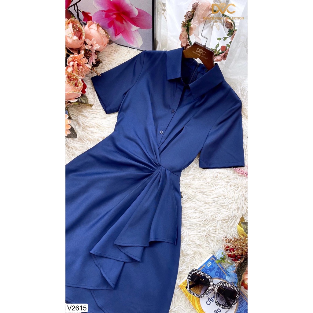 Váy sơ mi pha lụa Hàn xanh than xòe nhún eo thiết kế V2615