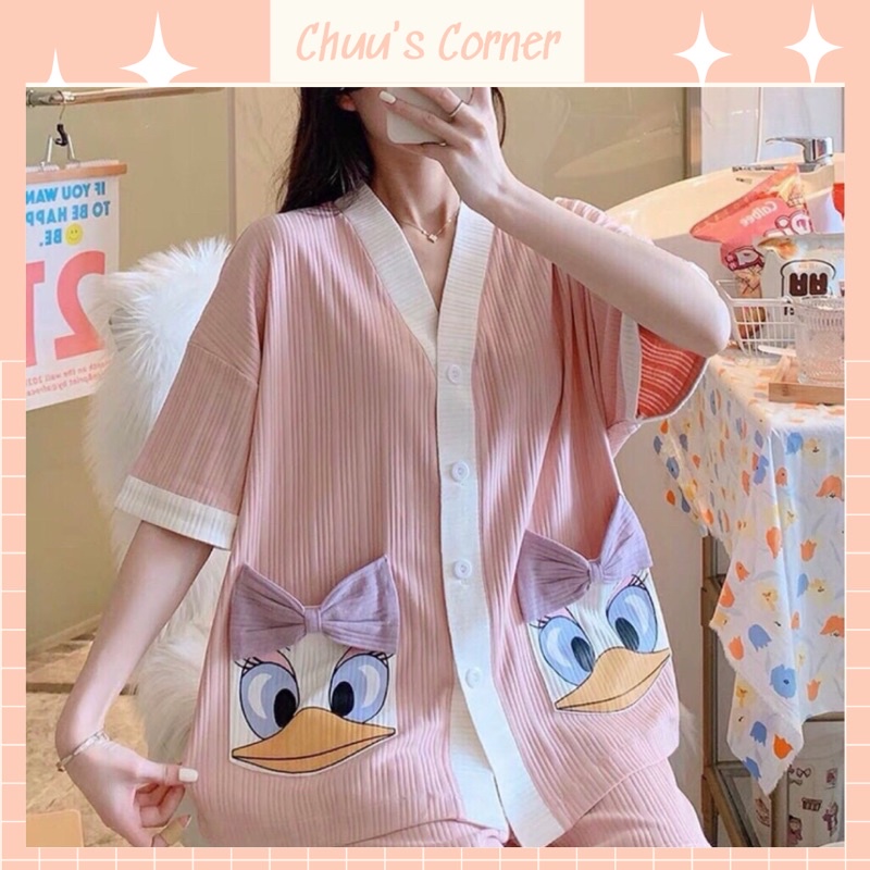 Bộ đồ ngủ nữ pijama thun gân cotton mềm mịn hoạ tiết dễ thương