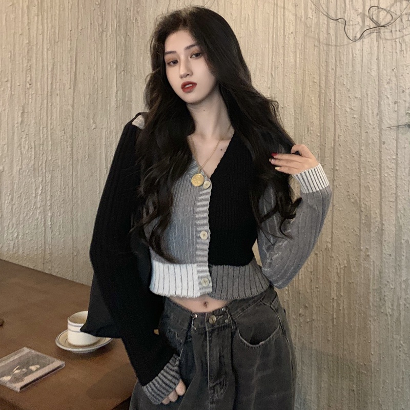 Áo cardigan IHKKE dệt kim cổ chữ V màu sắc tương phản thời trang