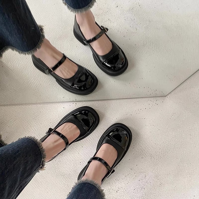 (Có Sẵn Đen/Trắng be) Giày búp bê 2022 mũi tròn đế cao 2p quai cài da đẹp giày marry jane phong cách basic chụp kỷ yếu