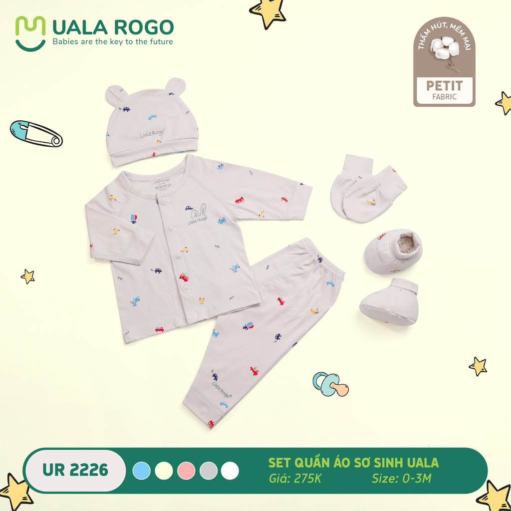Set combo Uala Rogo sơ sinh petit siêu mềm mịn cao cấp dài tay cúc giữa in giao thông bé trai bé gái Uala Rogo 2226