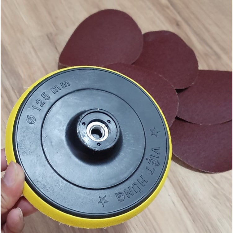 Bộ Đế Phớt Mài Nhựa 12.5cm Với 5 Miếng Giấy Nhám Tròn 12.5cm Dùng Gắn Máy Cầm Tay Chuyên Đánh Bóng Đánh Gỉ