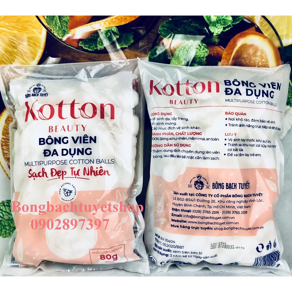 Bông Viên đa dụng Kotton Beauty gói 80g chính hãng Bông Bạch Tuyết - Bông gòn dạng viên 20mm 80g/ gói