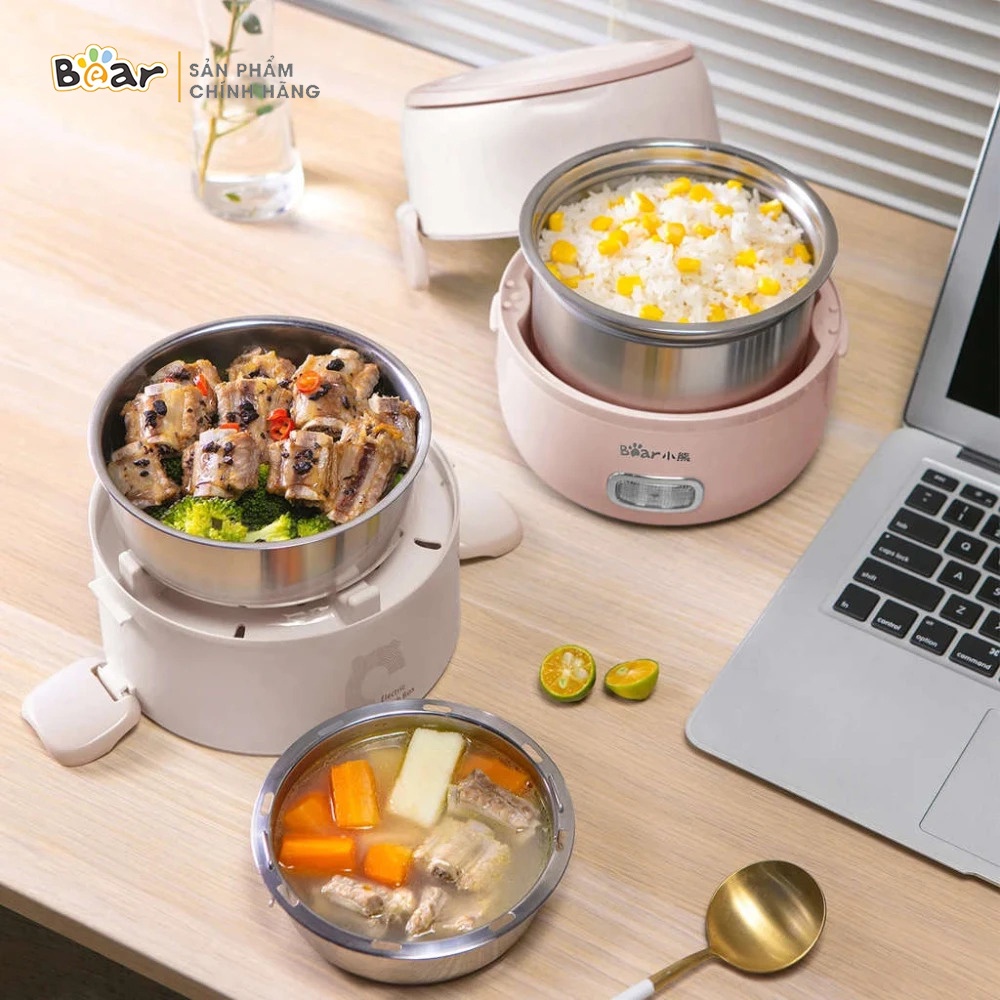 [Bear Chính Hãng]Hộp Cơm Cắm Điện Giữ Nhiệt Bear DFH-B20S6 màu hông nhạt, dung tích 2l, 3 khay Inox, bảo hành 18 Tháng.