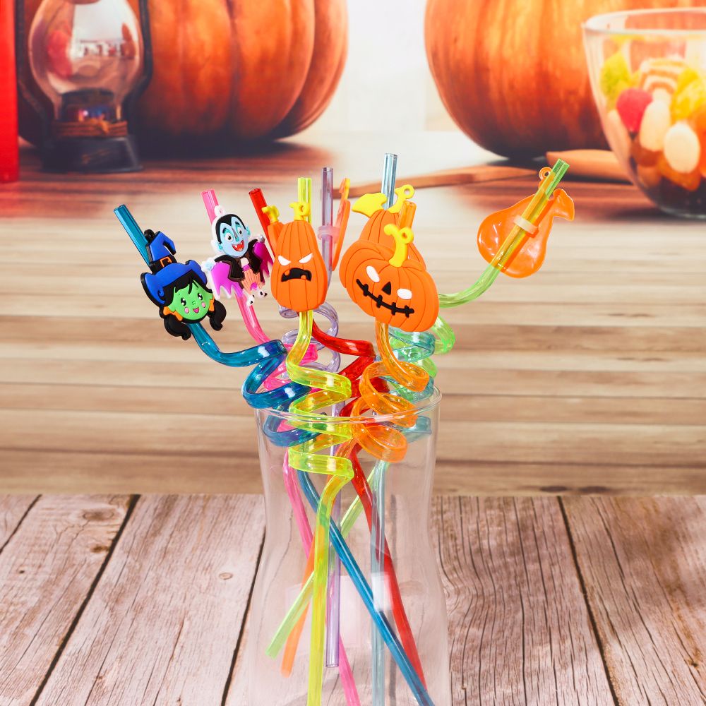 Set 8 Ống Hút Cong Hình Bí Ngô Ma Cà Rồng / Bí Ngô Độc Đáo Trang Trí Halloween Diy