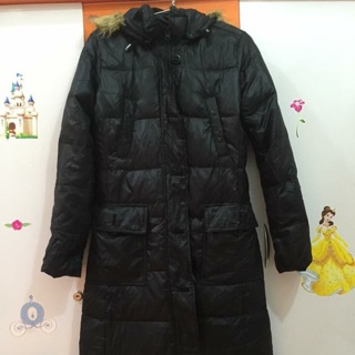 Áo phao gap used sz s, có mũ, viền lông, dáng dài tới đầu gối