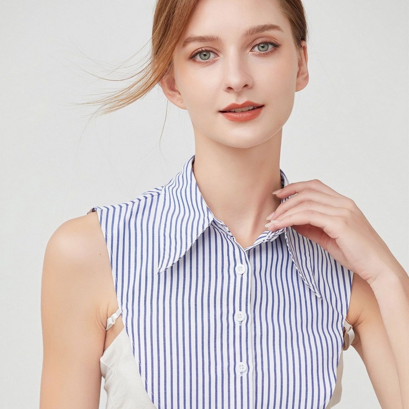 Xiangbao Áo Crop Top Giả Cổ Bẻ In Họa Tiết Sọc Xanh Dương Phong Cách Vintage Có Thể Tháo Rời Cho Nữ Ac