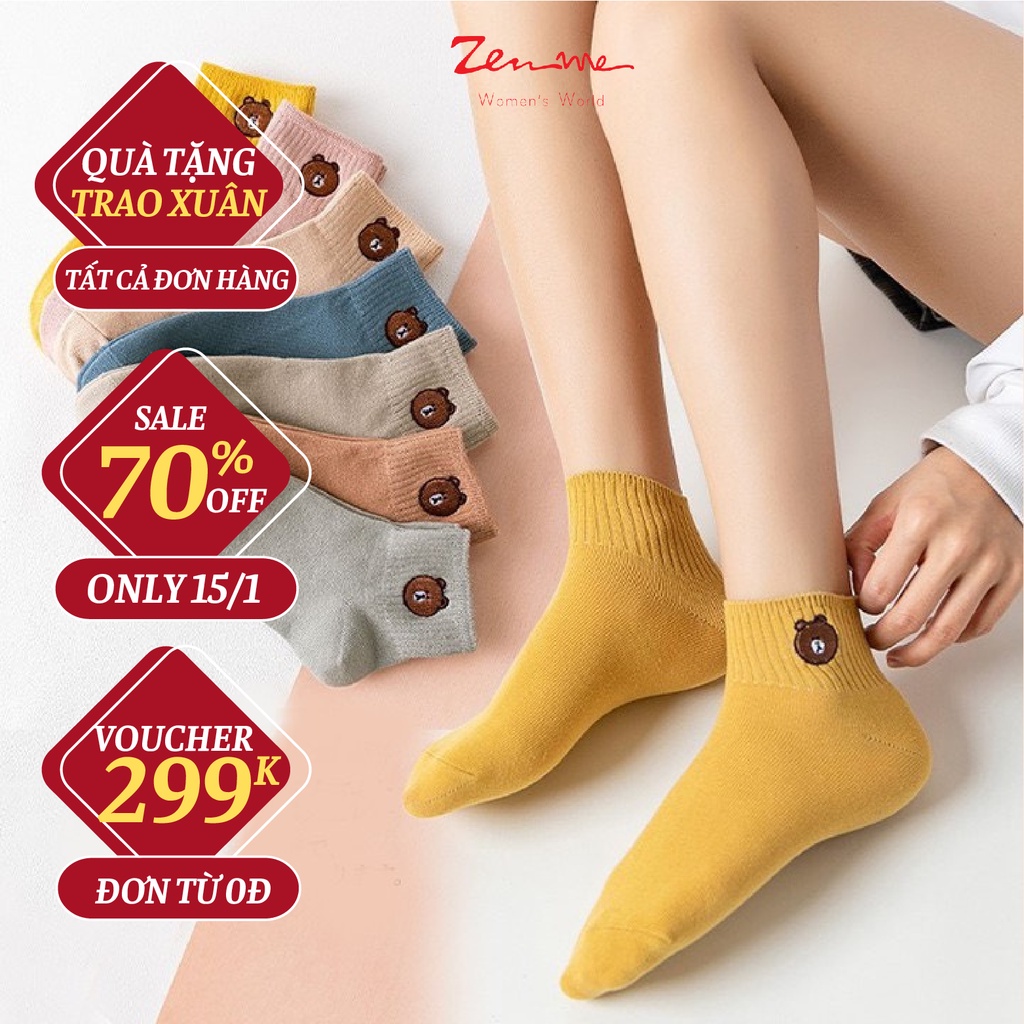 Tất chân nữ Zenme cổ ngắn co giãn họa tiết con gấu đẹp - màu sắc trẻ trung ngẫu nhiên