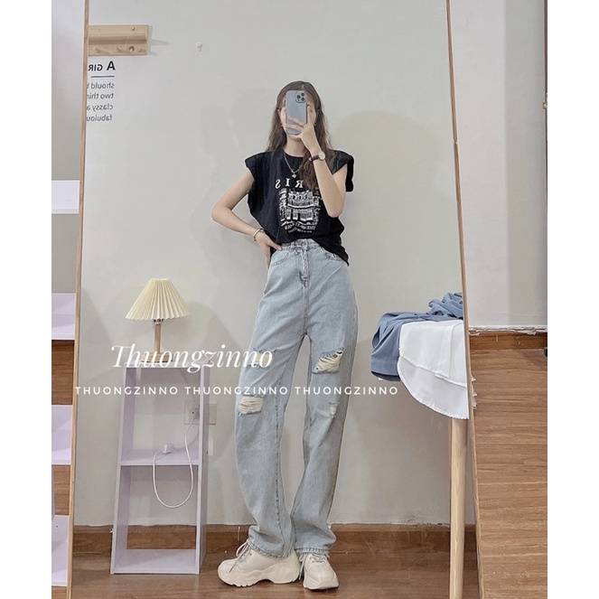 [Ảnh thật /Video]Quần ống rộng Xanh sáng cá tính thiết kế rách gối Quần ống rộng dáng Hàn Quốc