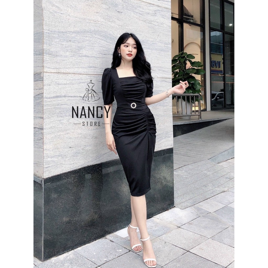 Váy body cổ vuông, tay bồng, nhún bụng, đai eo tag đá sang trọng Nancy A15 | BigBuy360 - bigbuy360.vn