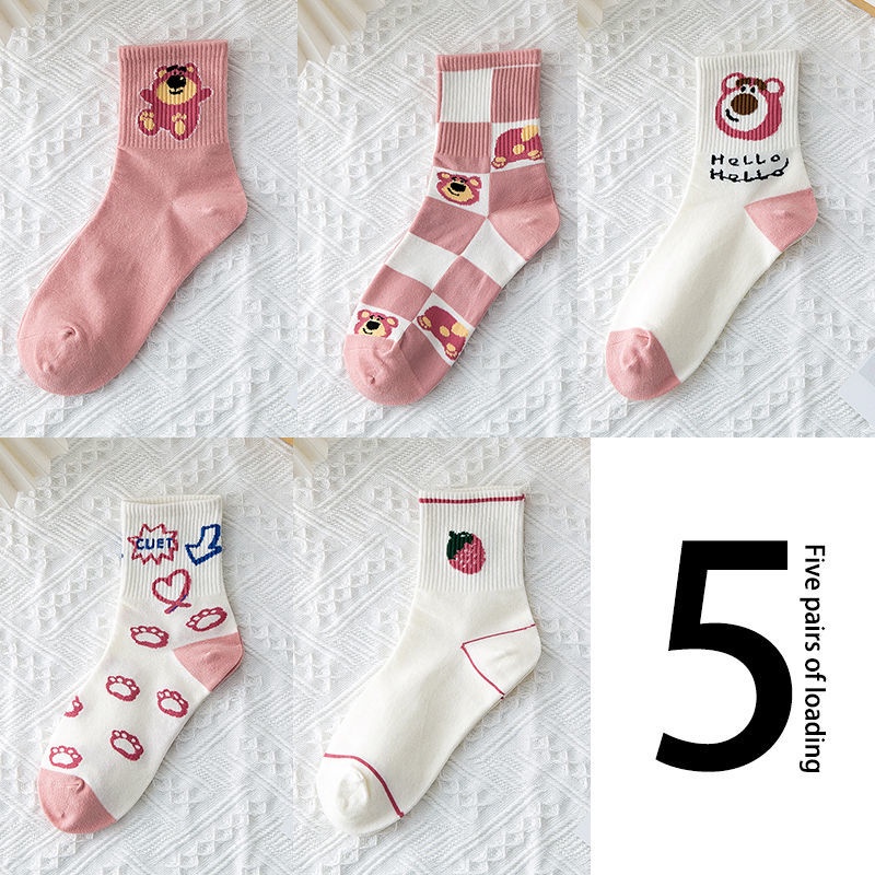 Vớ Dài Trung Bình In Họa Tiết Dâu Tây / Gấu Hoạt Hình Dễ Thương Thời Trang Mùa Đông Nhật Hàn Cho Nữ