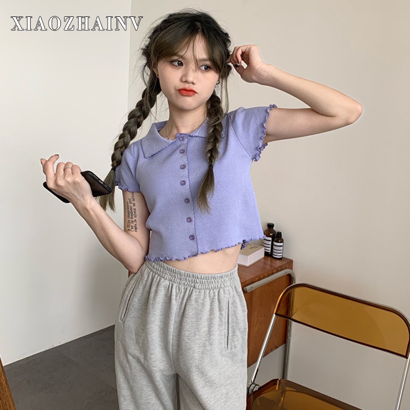 Korean women retro fashion tee wood ears short-sleeved crop top 7 C | BigBuy360 - bigbuy360.vn