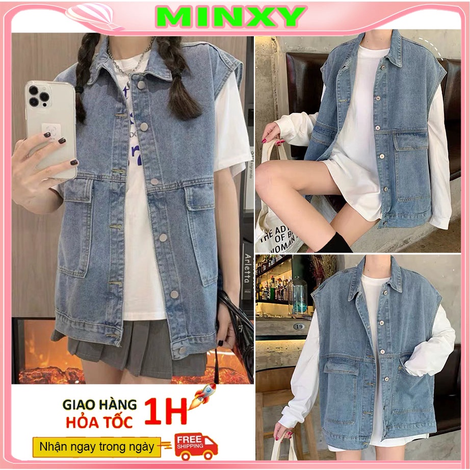 Áo gile jean nữ,dile dáng hàn dáng dài freesize rộng dưới 65kg đẹp-Minxy shop