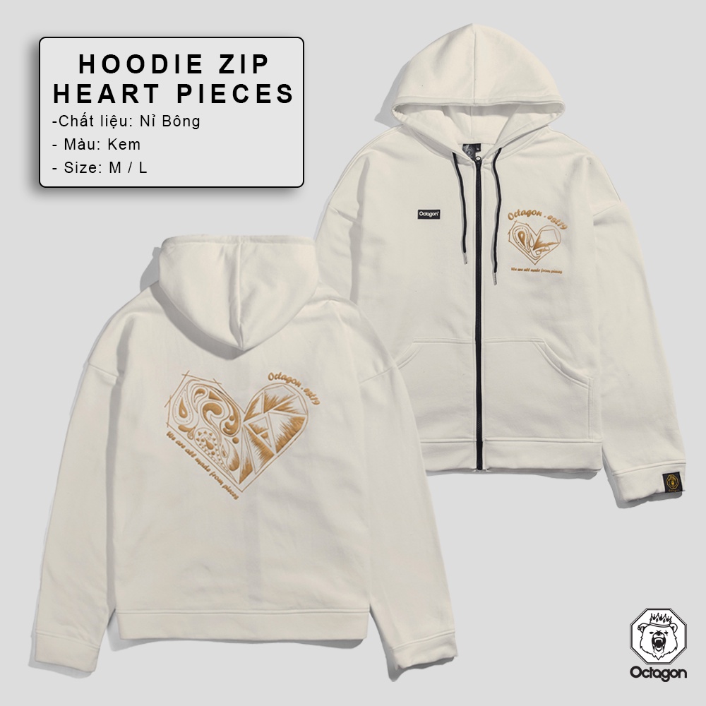 OCTAGON - Áo hoodie unisex HEART PIECES ZIP HOODIE KEM vải nỉ bông có nón dày dặn